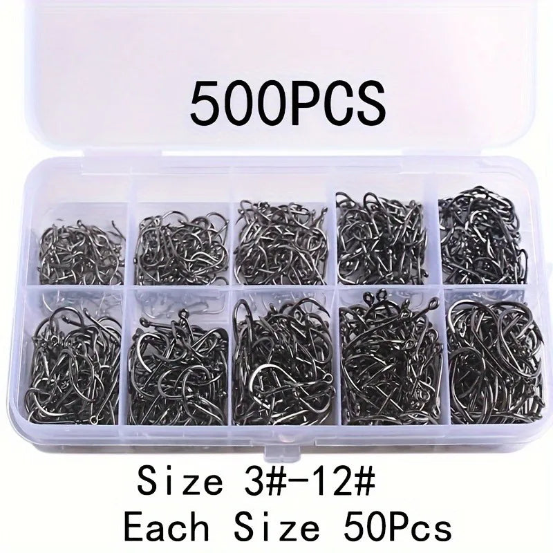 500pcs Fishhooks Strong Sharp Silver Circle Fishhook 3#-12# Jig Barbed Pesca Portable Fishing Tackle Accessories Sea Fishing Set